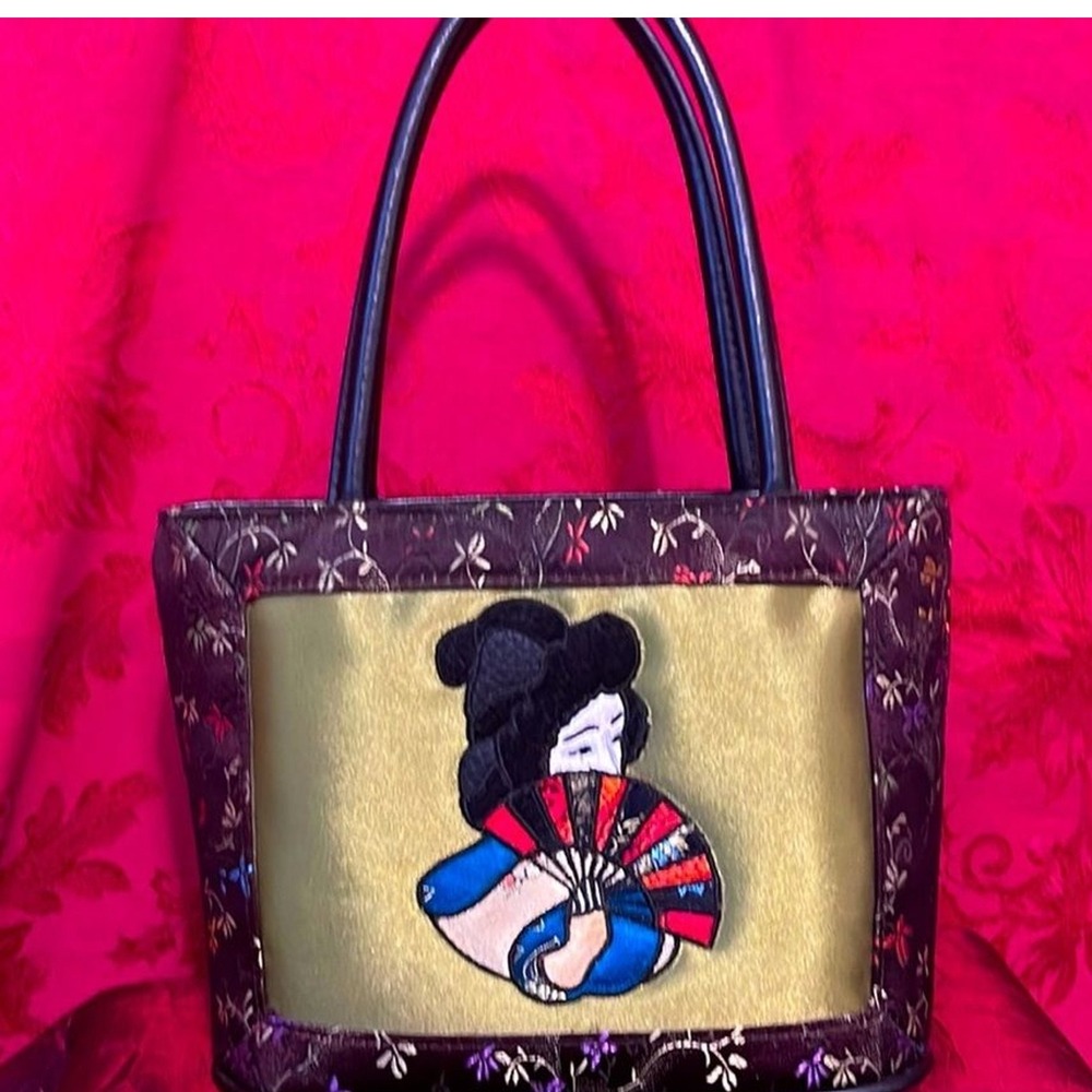 Bueno Japanese Fangirl Satin Mini Tote Bag Hand Embroidered Floral Vintage